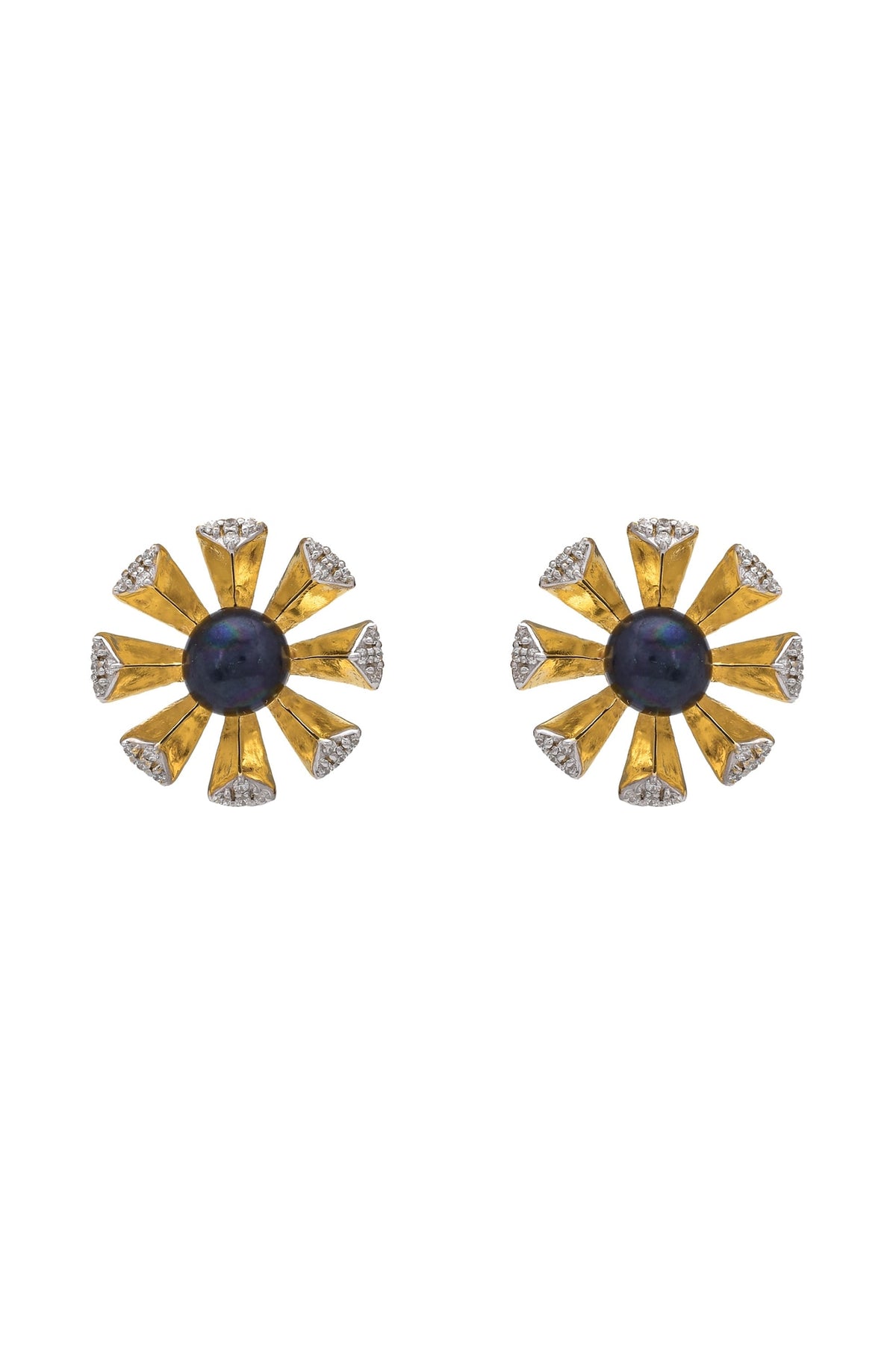 Gold Plated Black Pearl Stud Earrings In Sterling Silver