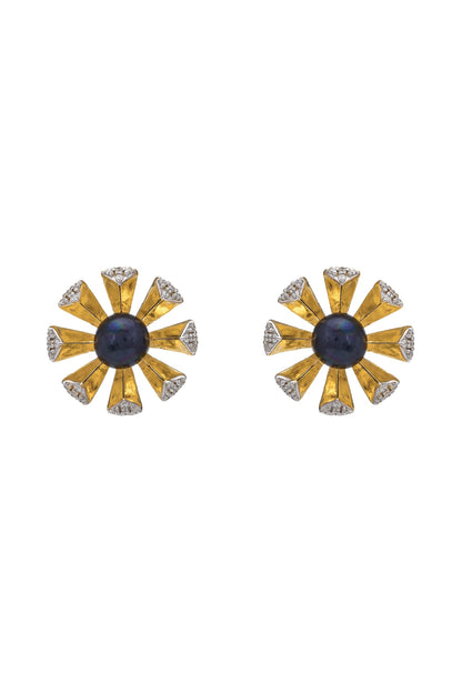 Gold Plated Black Pearl Stud Earrings In Sterling Silver