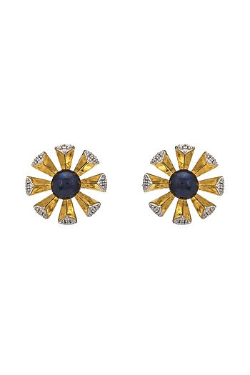 Gold Plated Black Pearl Stud Earrings In Sterling Silver