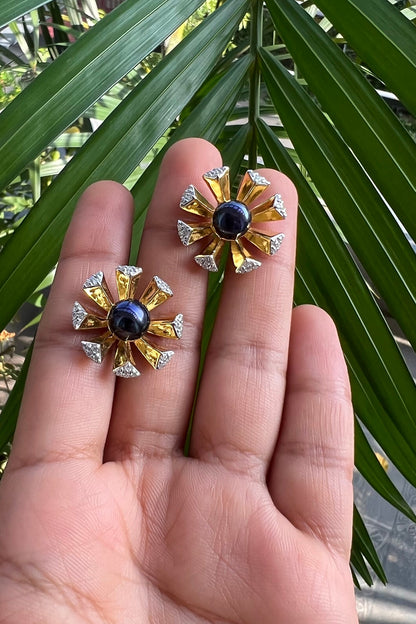 Gold Plated Black Pearl Stud Earrings In Sterling Silver