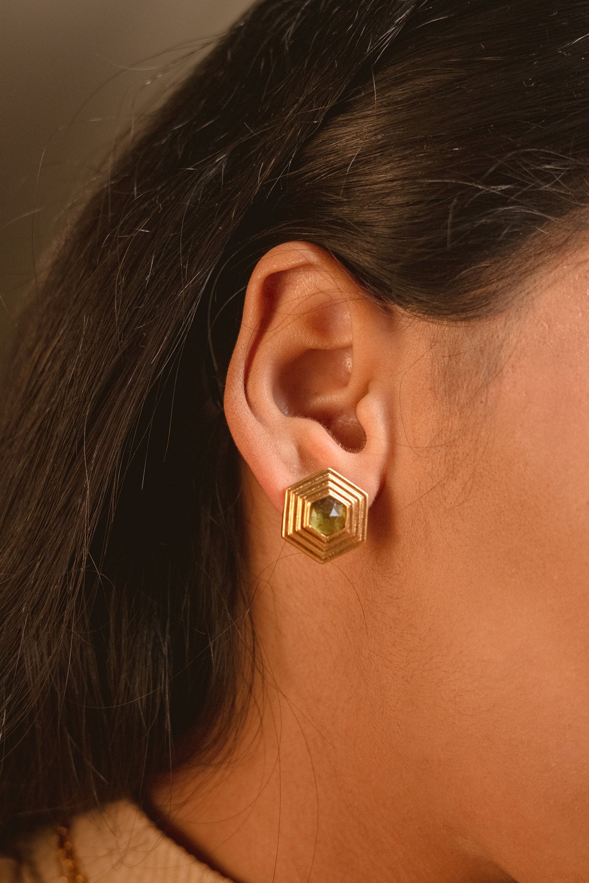 Gold Plated Natural Peridot Stud Earrings In Sterling Silver