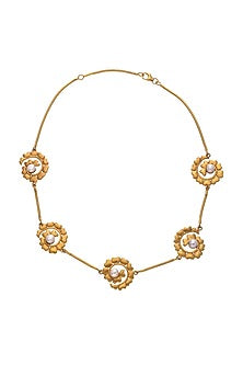 Gold Plated Floral Pearl Choker Necklace Set In Sterling Silver