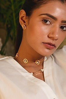 Gold Plated Floral Pearl Choker Necklace Set In Sterling Silver