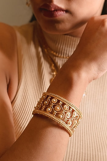 Gold Plated Freshwater Pearls Bangle In Sterling Silver
