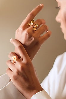 Gold Plated Floral Pearl Ring In Sterling Silver