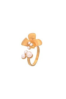 Gold Plated Floral Freshwater Pearls Ring In Sterling Silver