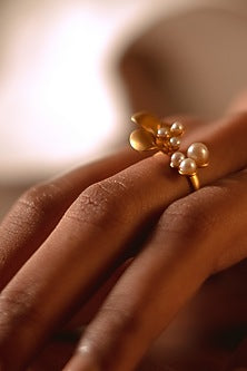 Gold Plated Floral Freshwater Pearls Ring In Sterling Silver