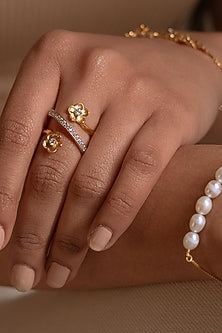 Gold Plated Floral Cz Ring In Sterling Silver