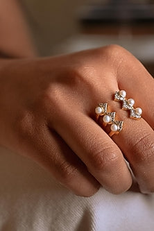 Gold Plated Pearls & Cz Ring In Sterling Silver