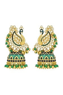Gold Plated Moissanite Polki Meenakari Jhumka Earrings In Sterling Silver