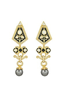 Gold Plated Moissanite Polki & Grey Pearl Meenakari Jhumka Earrings In Sterling Silver