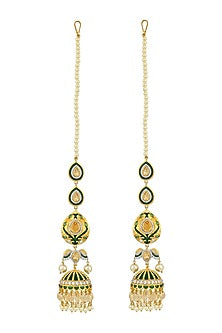 Gold Plated Moissanite Polki & Green Nano Stone Meenakari Dangler Earrings In Sterling Silver