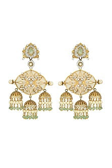 Gold Plated Moissanite Polki & Mother Of Pearl Jhumka Earrings In Sterling Silver