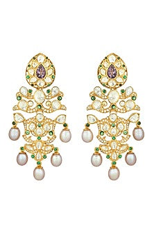 Gold Plated Moissanite Polki & Natural Amethyst Meenakari Dangler Earrings In Sterling Silver