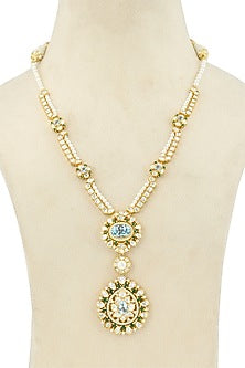 Gold Plated Moissanite Polki & Natural Blue Topaz Long Necklace In Sterling Silver