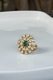 Gold Plated Moissanite Polki & Green Onyx Ring In Sterling Silver