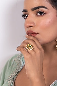 Gold Plated Moissanite Polki & Green Onyx Ring In Sterling Silver