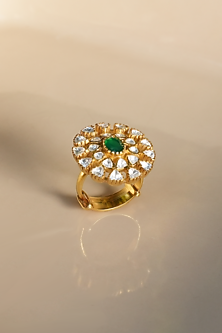 Gold Plated Moissanite Polki & Green Onyx Ring In Sterling Silver