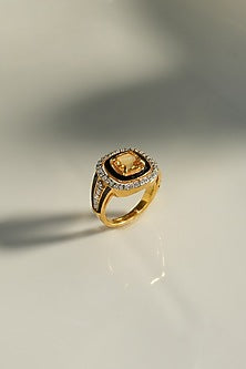 Gold Plated Natural Citrine & Moissanite Polki Enamelled Ring In Sterling Silver