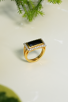 Gold Plated Natural Black Tourmaline & Moissanite Polki Enamelled Ring In Sterling Silver
