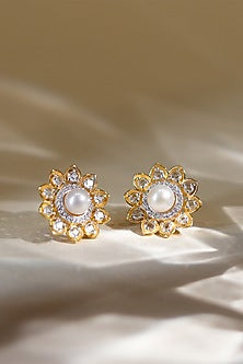 Gold Plated Cubic Zirconia & Freshwater Pearl Stud Earrings In Sterling Silver
