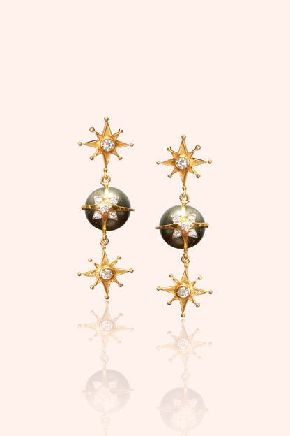 Gold Plated Black Tahitian Pearl Dangler Earrings In Sterling Silver