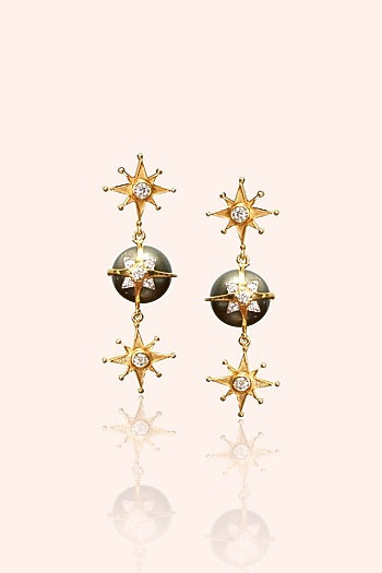 Gold Plated Black Tahitian Pearl Dangler Earrings In Sterling Silver