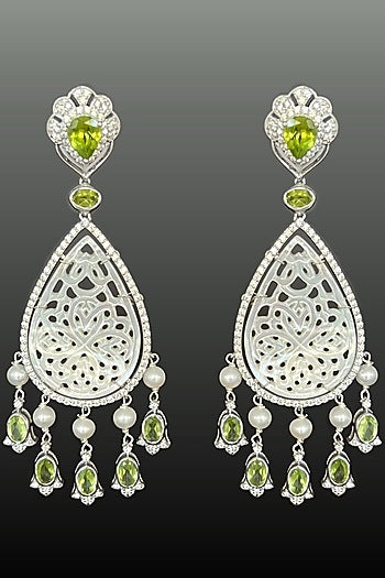 White Rhodium Finish Peridot & Mother Of Pearl Dangler Earrings In Sterling Silver