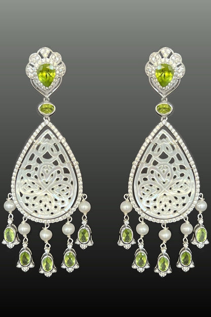 White Rhodium Finish Peridot & Mother Of Pearl Dangler Earrings In Sterling Silver