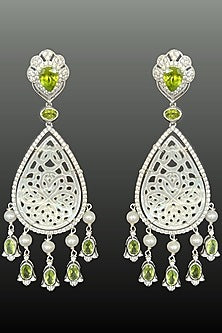 White Rhodium Finish Peridot & Mother Of Pearl Dangler Earrings In Sterling Silver