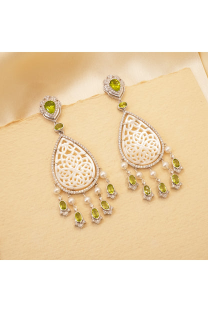 White Rhodium Finish Peridot & Mother Of Pearl Dangler Earrings In Sterling Silver