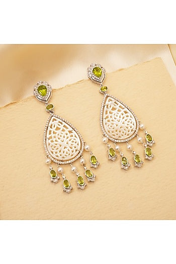 White Rhodium Finish Peridot & Mother Of Pearl Dangler Earrings In Sterling Silver