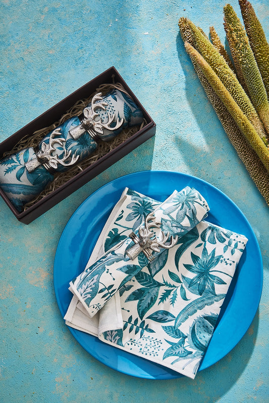 Silver Antler Napkin Rings & Printed Napkins (Set of 4)