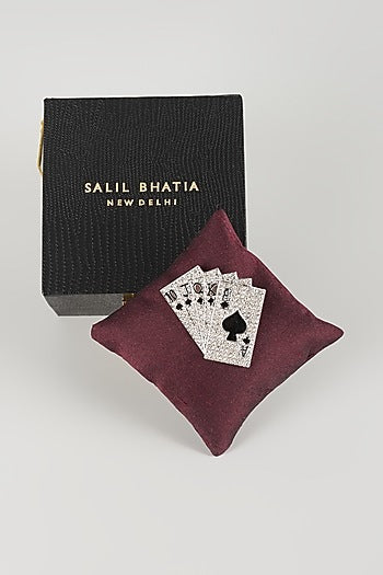 Silver Finish Playing Cards Embellished Brooch
