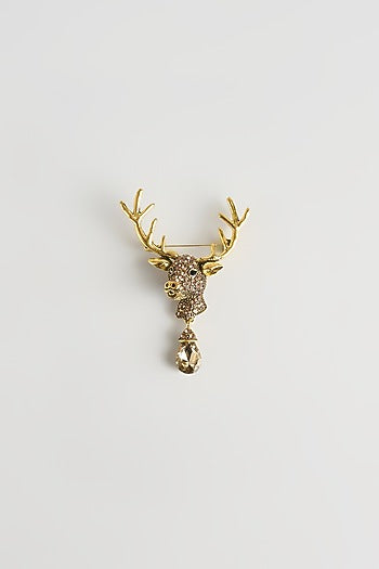 Gold Finish Reindeer Crest Embellished Brooch