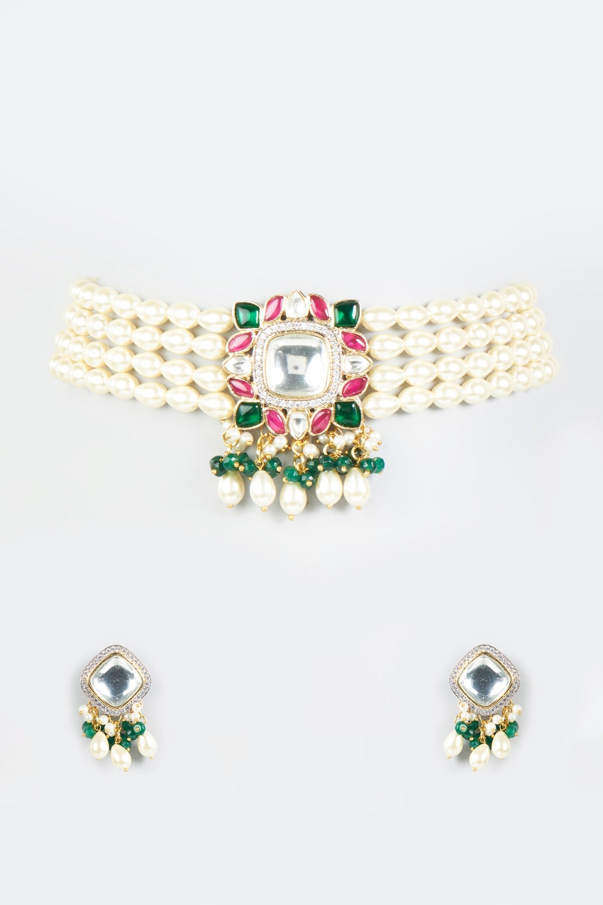 Gold Finish Kundan & Pearl Choker Necklace Set
