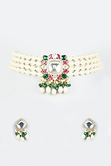 Gold Finish Kundan & Pearl Choker Necklace Set