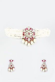 Gold Finish Ruby & Pearl Choker Necklace Set
