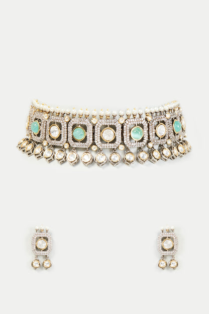 Silver Multi-Coloured Stone Choker Necklace Set