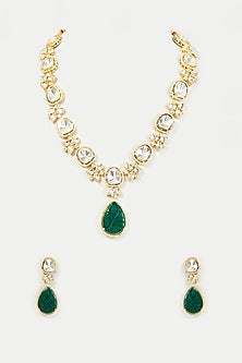 Gold Finish Kundan & Emerald Long Necklace Set