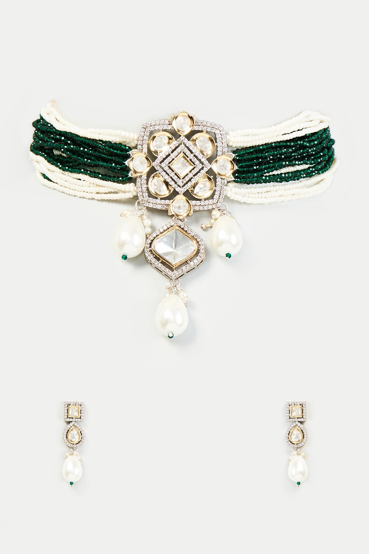 Green & White Beaded Choker Necklace Set