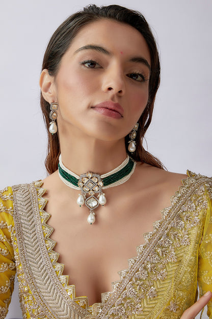 Green & White Beaded Choker Necklace Set