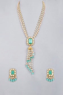 Gold Finish Necklace Set With Green Stones