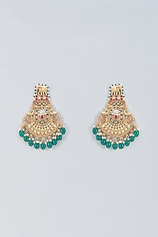 Gold Finish Green Stone Temple Chandbali Earrings