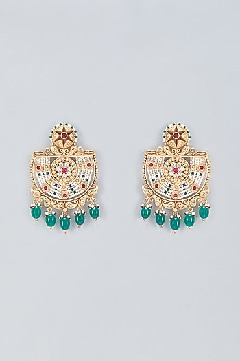 Gold Finish Green Stone Temple Chandbali Earrings