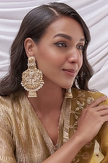 Gold Finish Kundan Polki Temple Chandbali Earrings