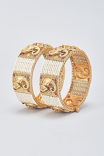 Gold Finish Temple Bangles (Set of 2)