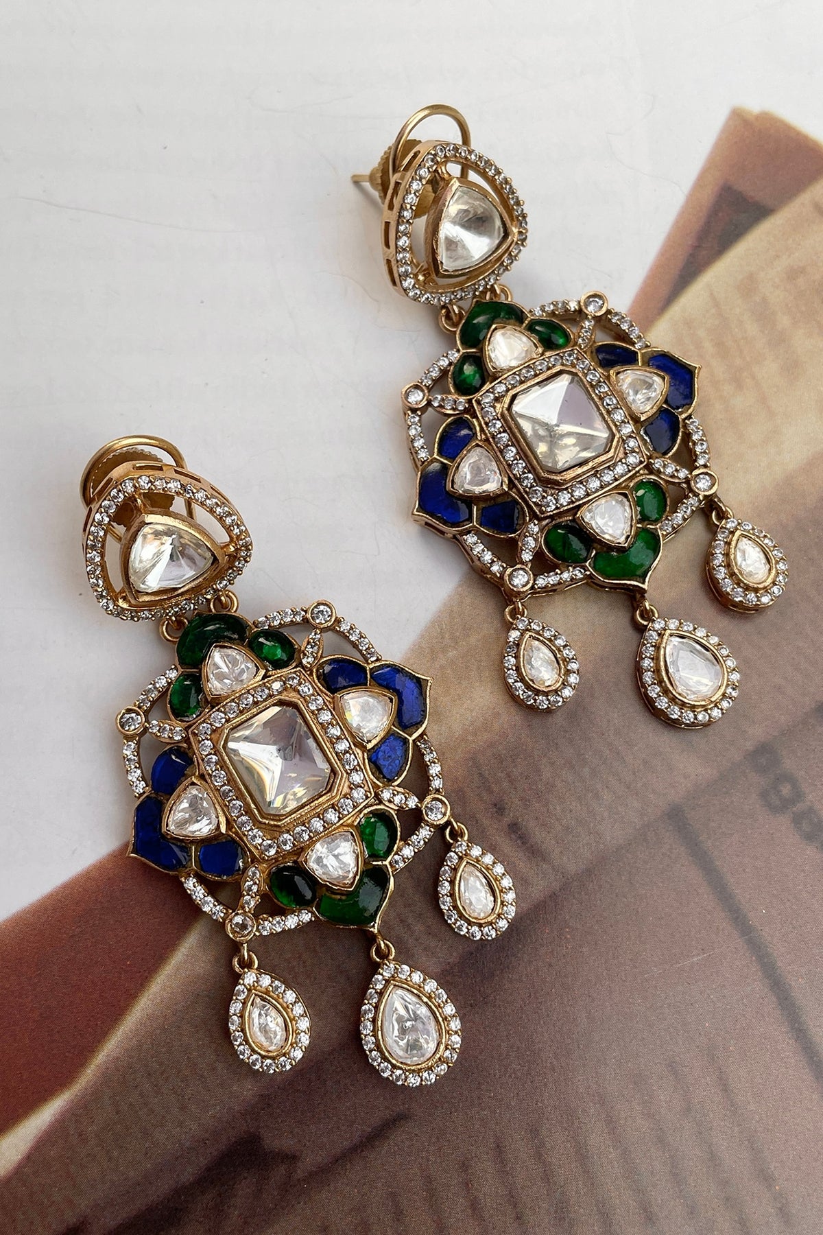 Gold Finish Kundan Polki & Blue Stone Dangler Earrings