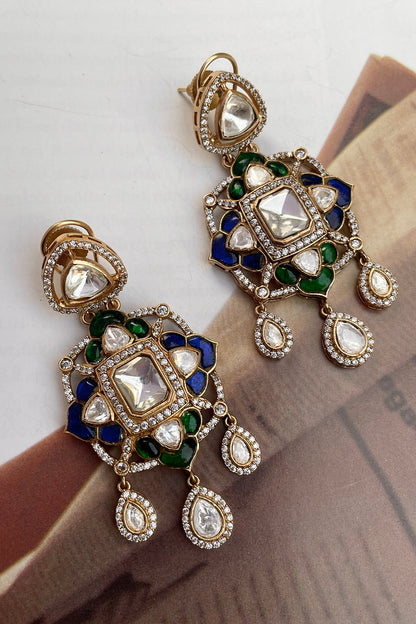 Gold Finish Kundan Polki & Blue Stone Dangler Earrings