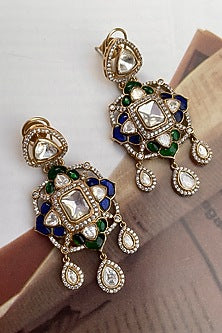 Gold Finish Kundan Polki & Blue Stone Dangler Earrings